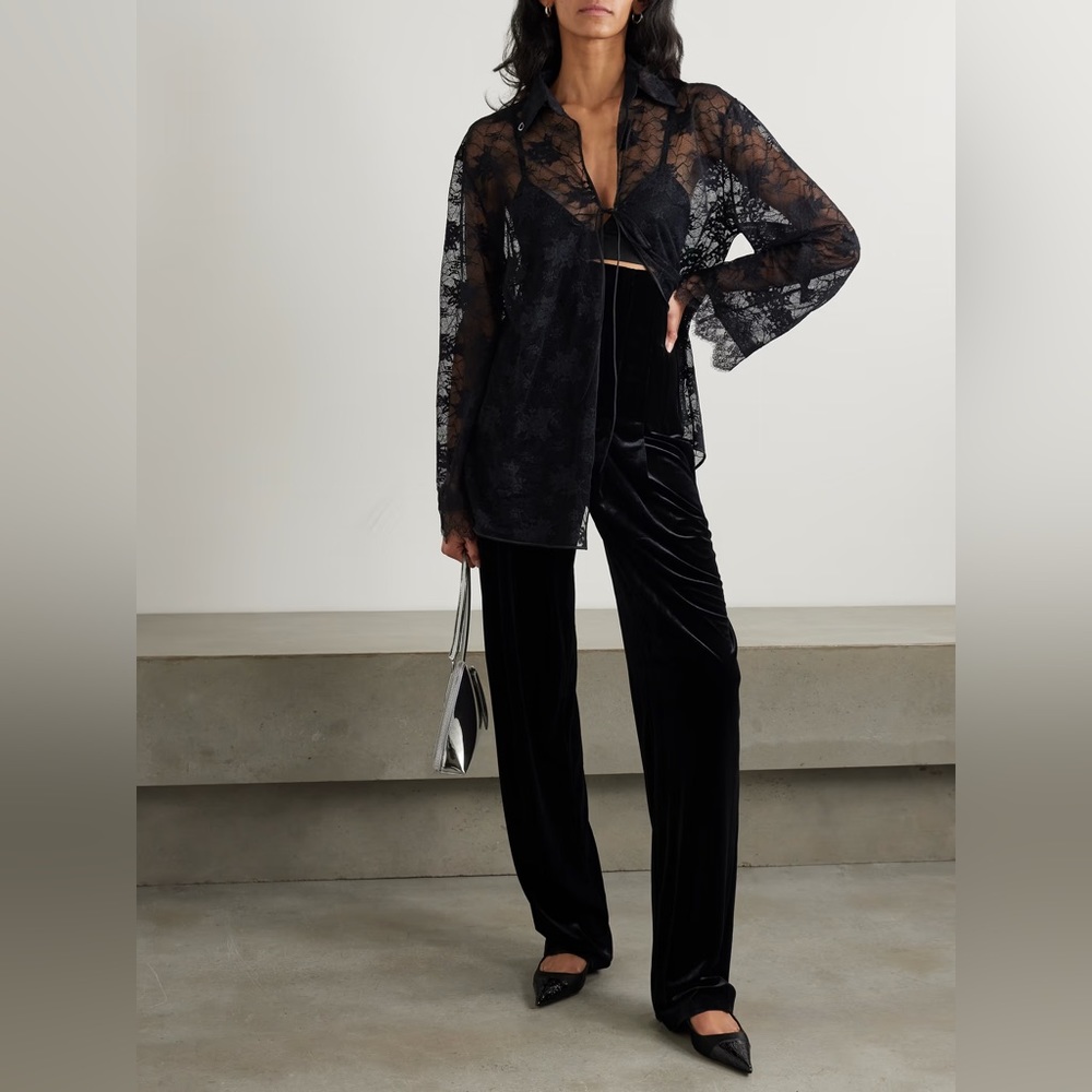 Norma Kamali High Waisted Pleated Velvet Straight-Leg Pants